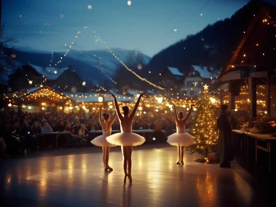 Junge Ballerinas in hellen Tutus von hinten auf einer warm beleuchteten Bühne