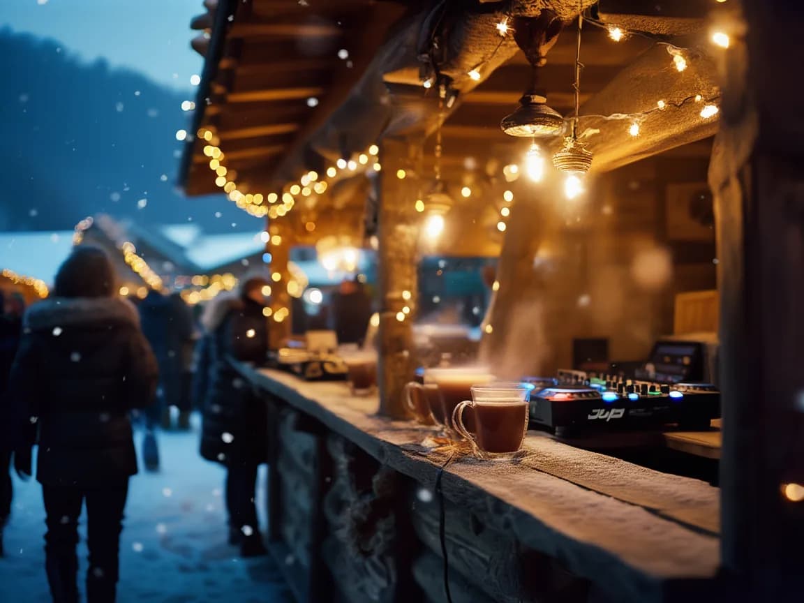 Gemütliche Holzbar mit Lichterketten, dampfenden Glühweinbechern und kleinem DJ-Pult am Abend