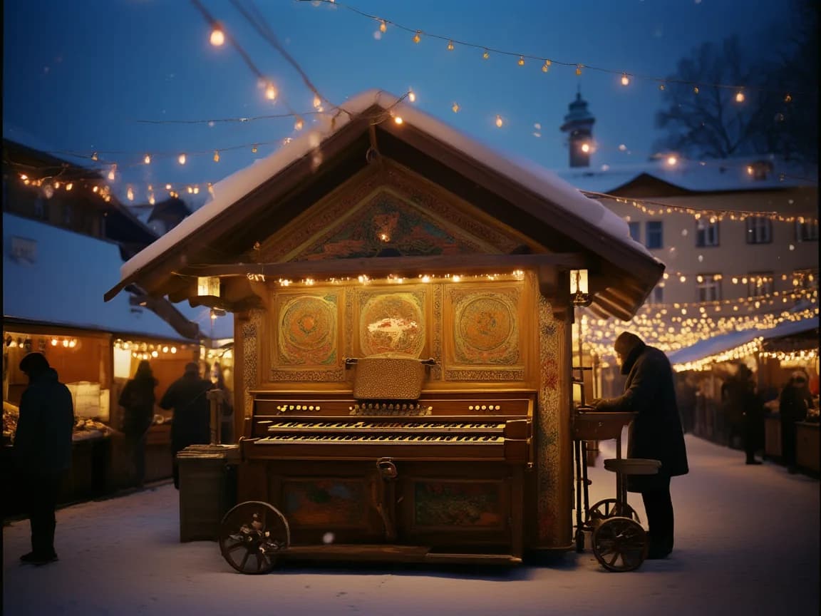 Nostalgische Drehorgel mit bemalter Front unter einem Vordach, warme Lichterketten und Schnee