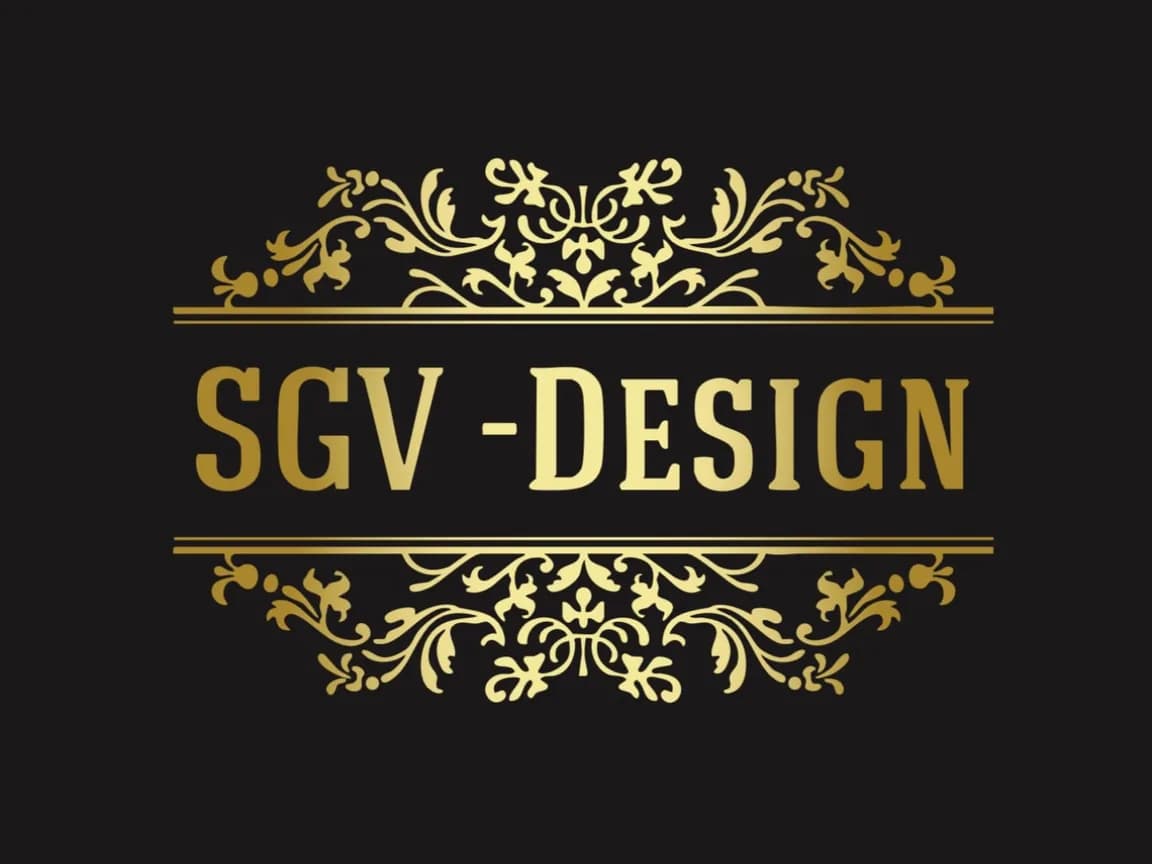 Logo von SGV-Design: goldener Schriftzug mit verschnörkelten Ornamenten auf schwarzem Grund