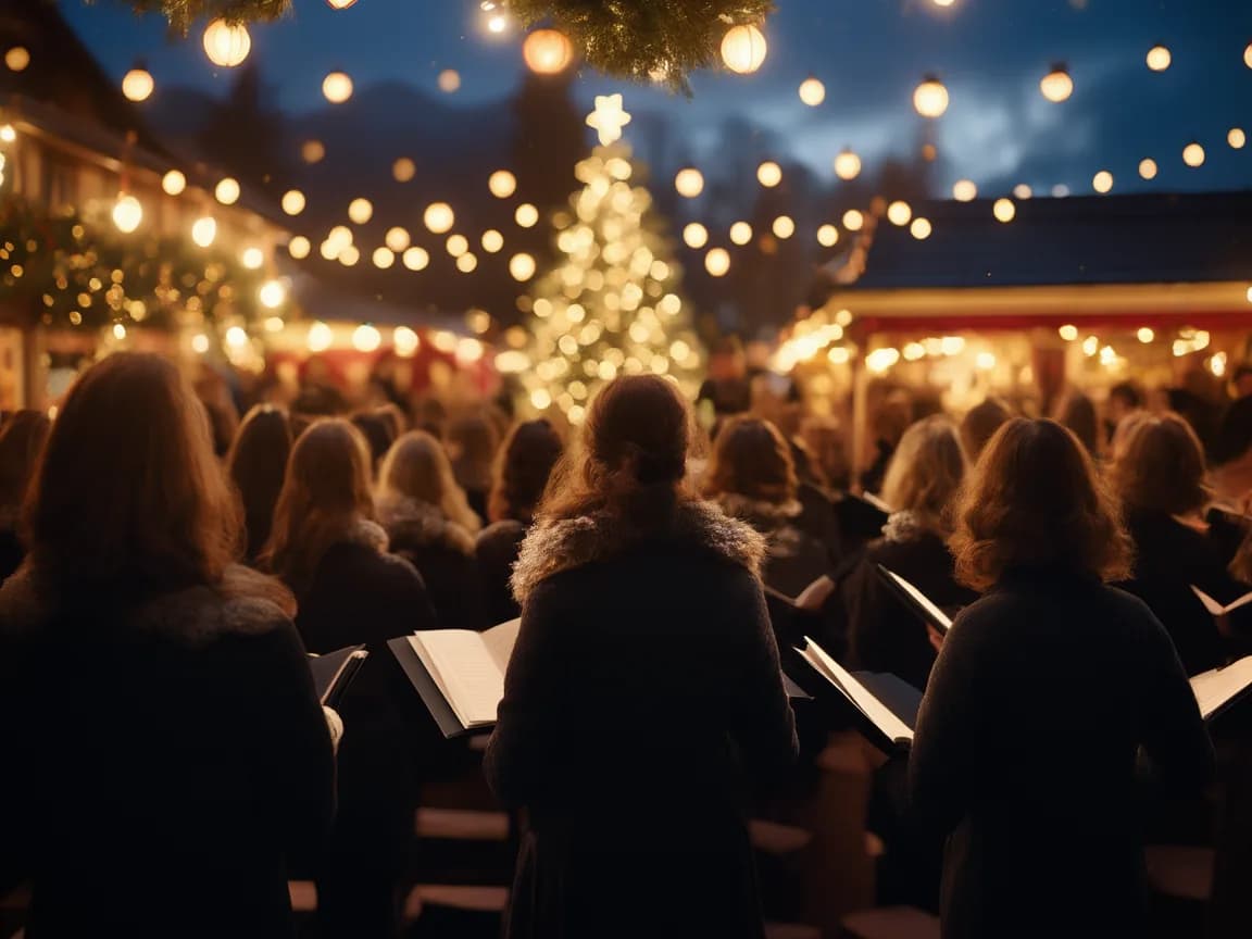 Frauenchor von hinten auf einer kleinen Bühne mit Notenmappen, warmes Bühnenlicht und Weihnachtsbaum