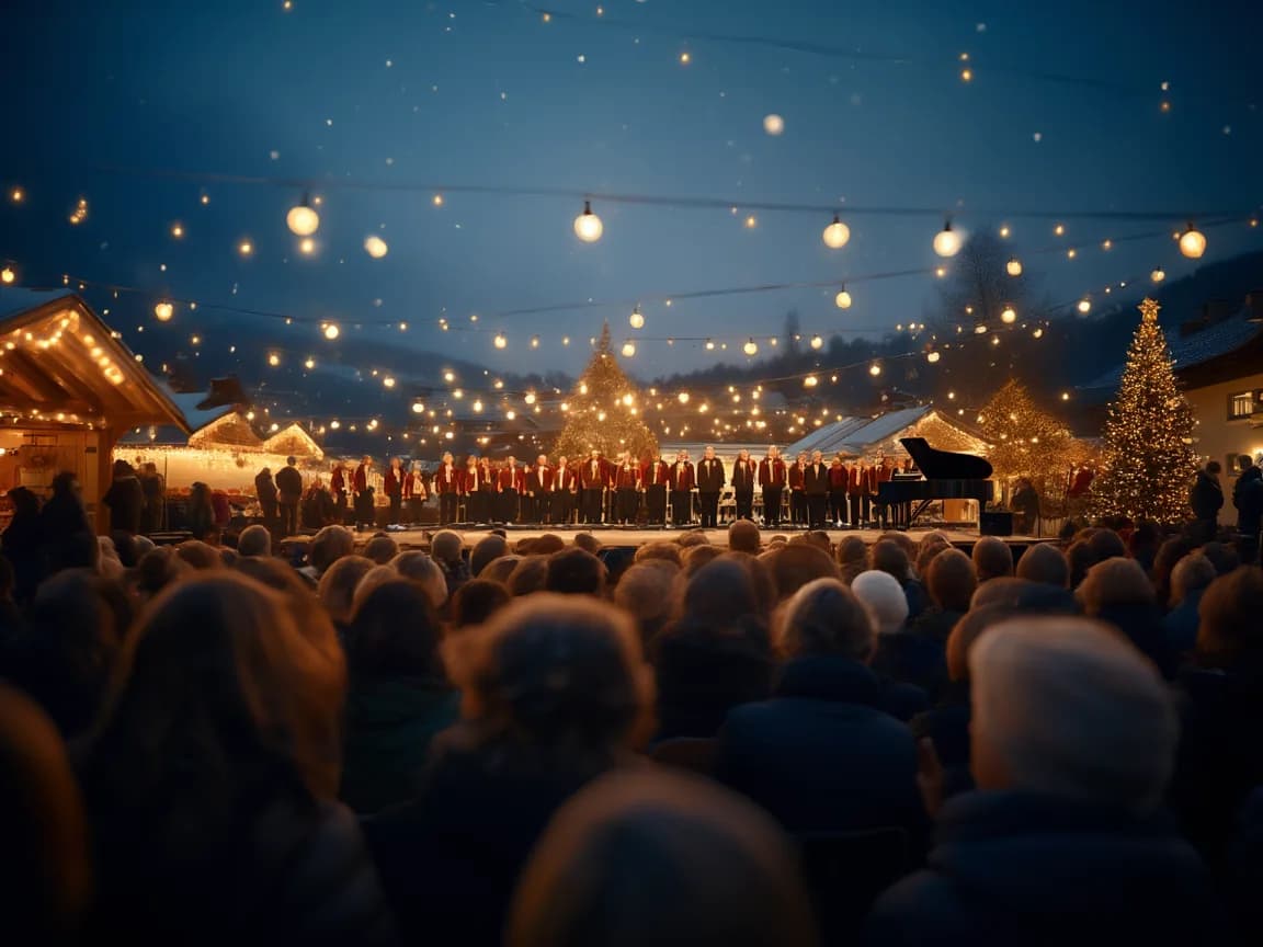 Grosser gemischter Chor von hinten auf der Bühne einer Turnhalle, E-Piano an der Seite, warmes Licht