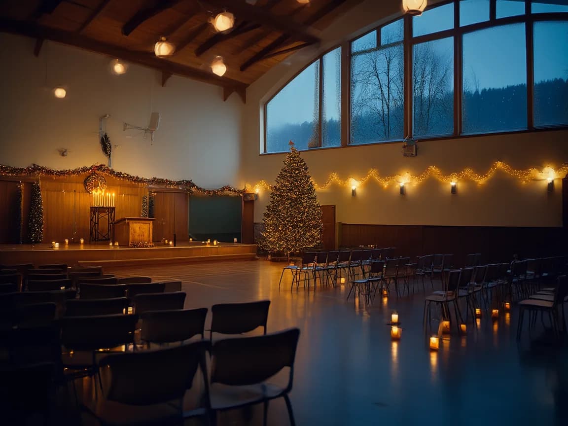 Adventskranz mit vier brennenden Kerzen und Rednerpult auf einer kleinen Bühne in einer festlich geschmückten Halle