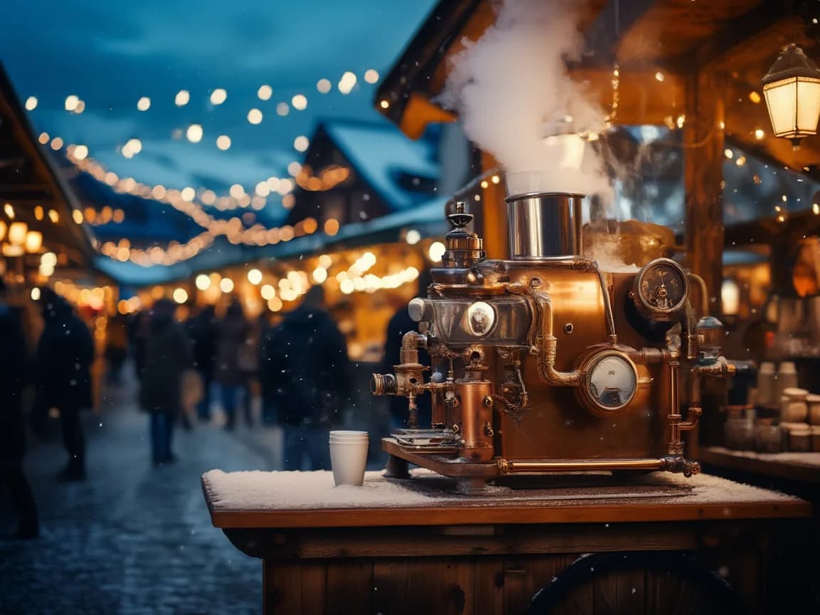 Steampunk-Kaffeemaschine aus Kupfer und Messing mit aufsteigendem Dampf an einem abendlichen Marktstand