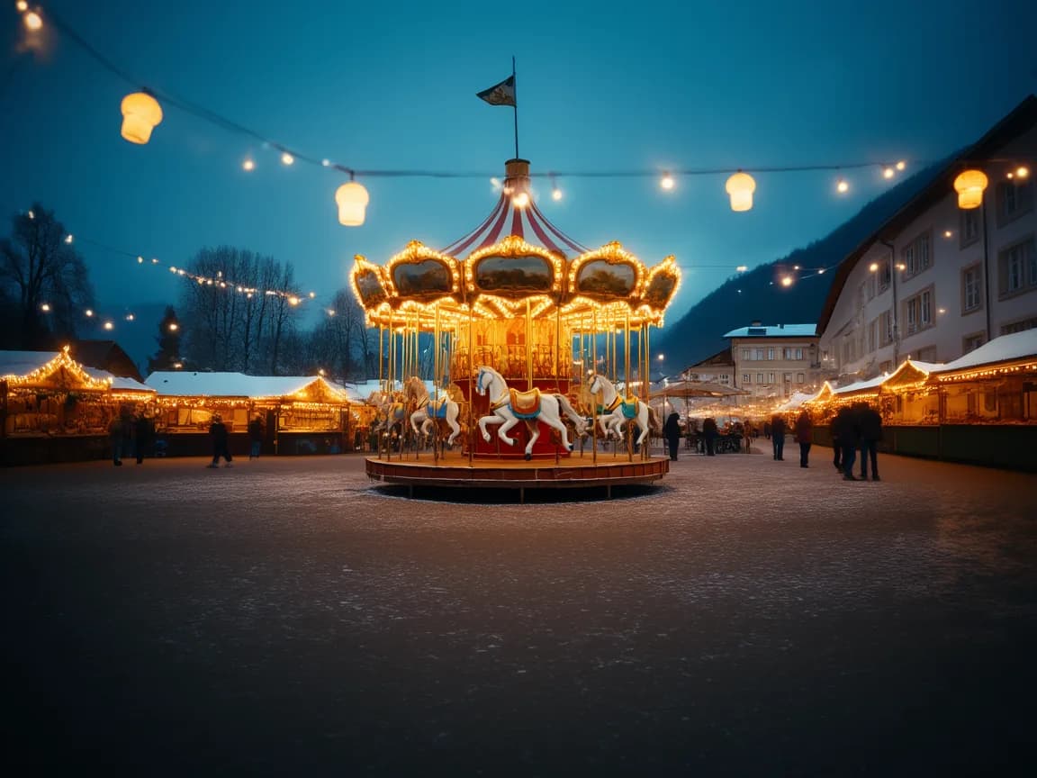 Beleuchtetes Kinderkarussell mit weissen Pferdchen auf dem verschneiten Marktplatz am Abend