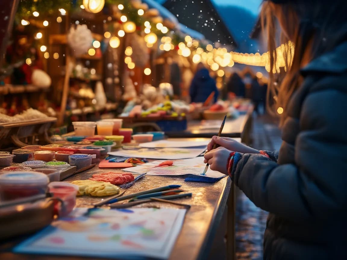 Basteltisch mit Schminkfarben, Pinseln, Glitzer, bunter Knete und Ausmalbildern, Kinderhände beim Malen