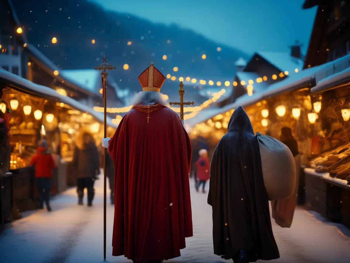 Samichlaus und Schmutzli von hinten, unterwegs zwischen beleuchteten Marktständen im Schnee