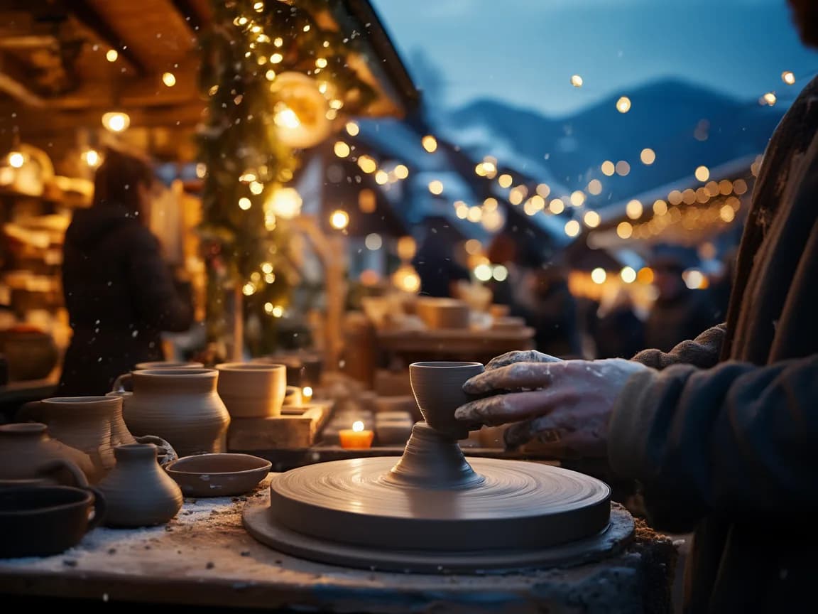 Hände formen auf einer Töpferscheibe eine kleine Tasse, daneben handgemachte Keramik bei Kerzenlicht
