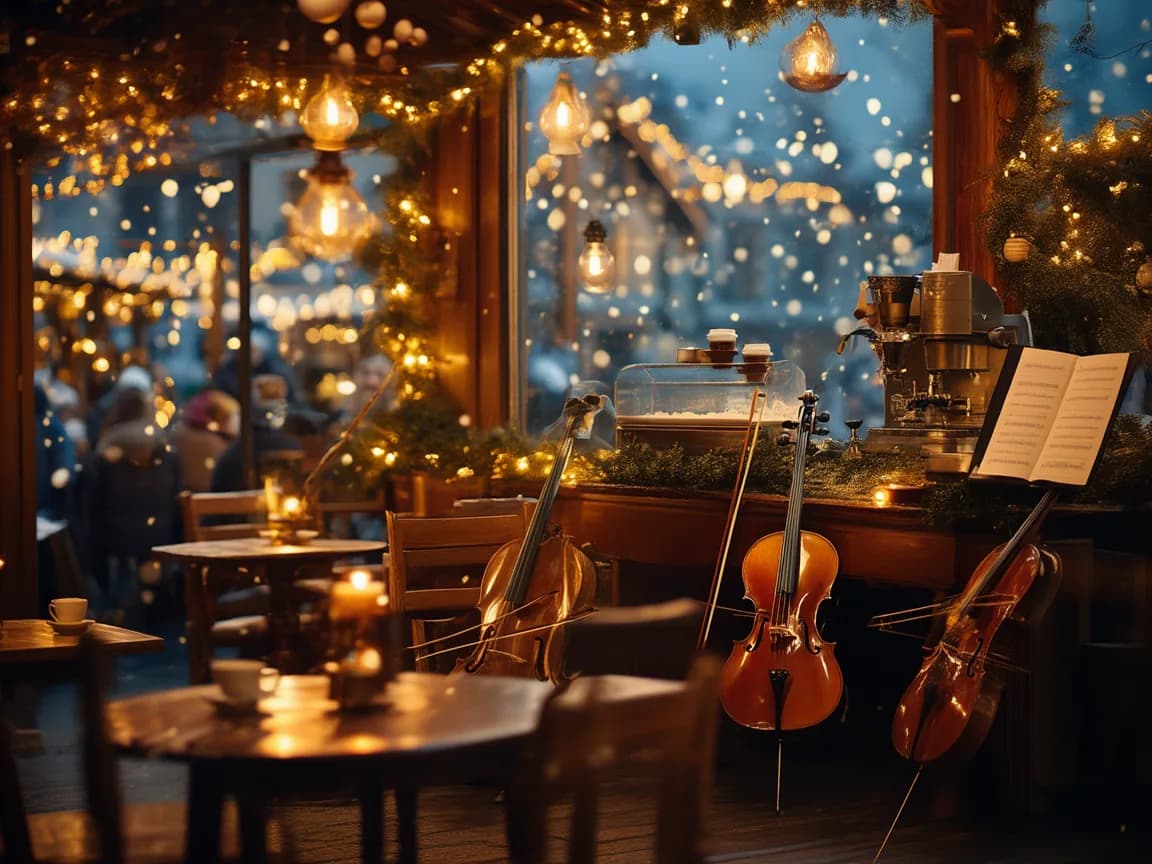 Zwei Celli mit Bögen und Notenständer in einem weihnachtlich dekorierten Kaffeegeschäft bei Kerzenlicht
