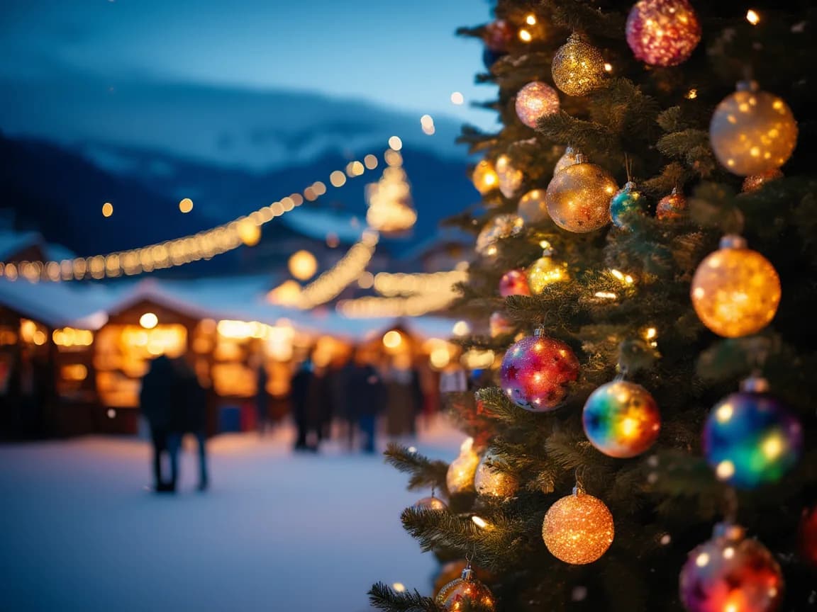 Grosser Weihnachtsbaum im Freien, geschmückt mit vielen bunten, selbst bemalten Weihnachtskugeln