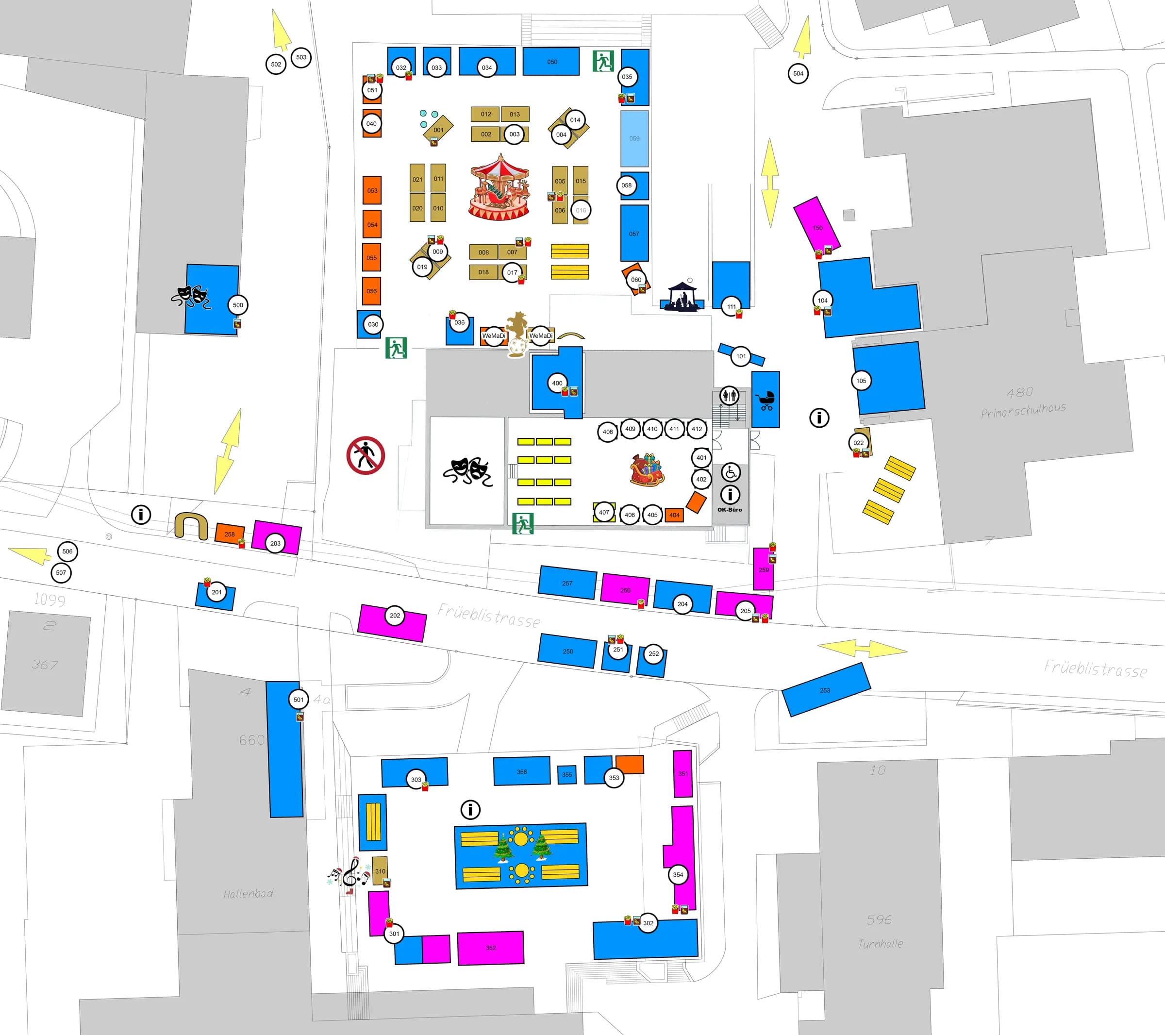 Situationsplan des Weihnachtsmarkts Dielsdorf 2026 mit den Standnummern auf dem Früebli-Areal