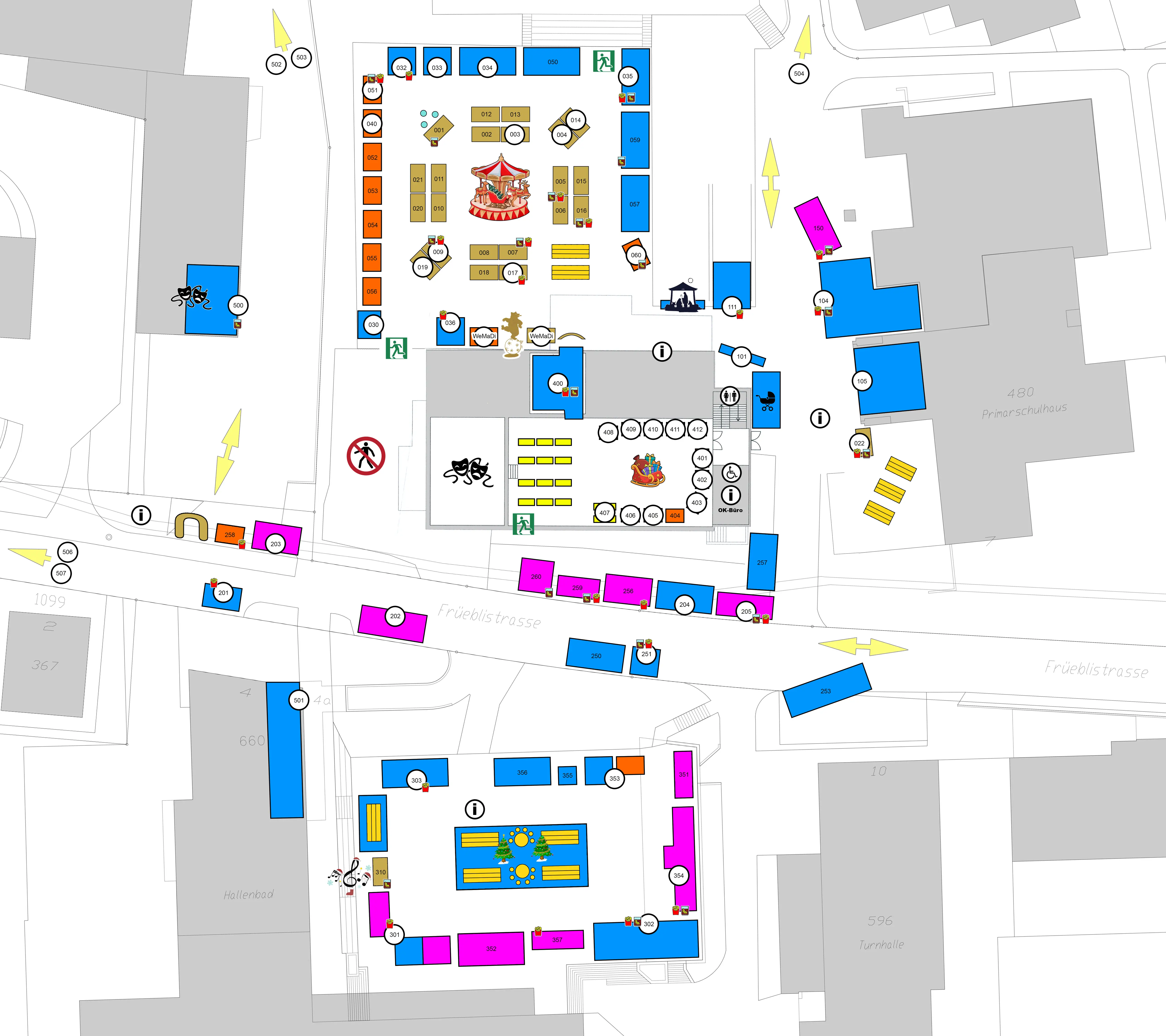 Situationsplan des Weihnachtsmarkts Dielsdorf 2026 mit Standnummern auf dem Früebli-Areal
